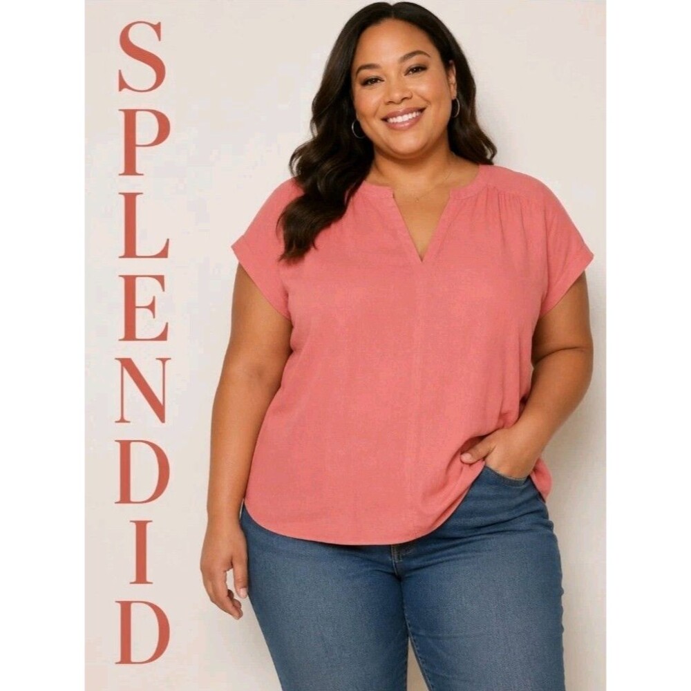 NWT Splendid Womens XXL Orange Linen-Blend Minimalist Cap Sleeve V-Neck Top
